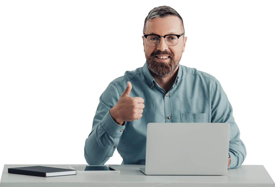 Businessman in shirt and glasses giving thumbs up for his new web design.